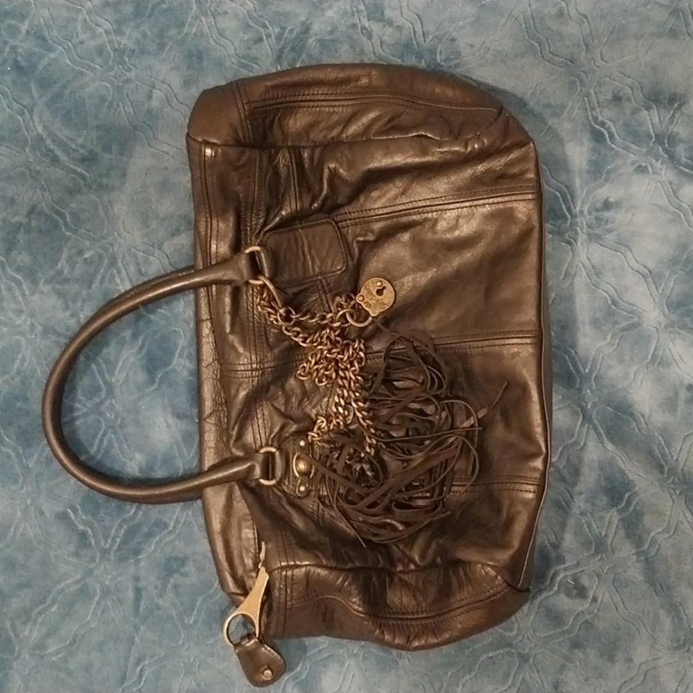 Juicy Couture Black Leather Handbag Decorative Chain W/Fringe